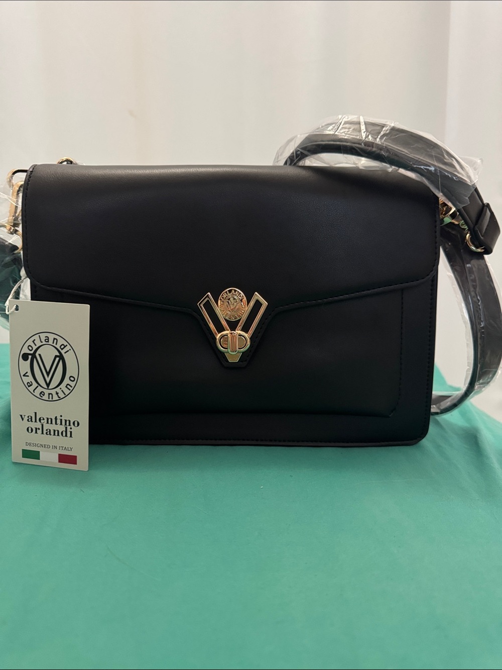 Valentino Orlandi Black Leather Shoulder Bag with Gold Accent